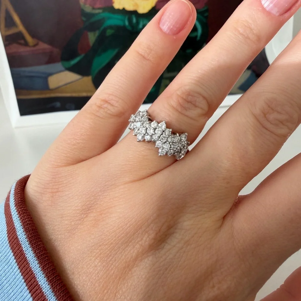 925 Sterling Silver Cluster Ring CZ Floral Statement Ring Size 6.5